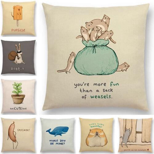 Hot Sale Funny Cartoon Animals Interesting Words Happy Letters Cute Nickname Cat Pug Rabbit Cushion Cover Sofa Throw Pillow Case