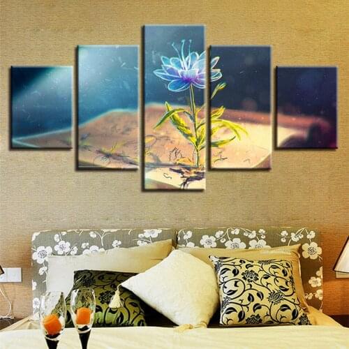 Art Home Decor For Living Room Framework 5 Pieces Book And Blue Flowers Paintings HD Printed Poster Modular Canvas