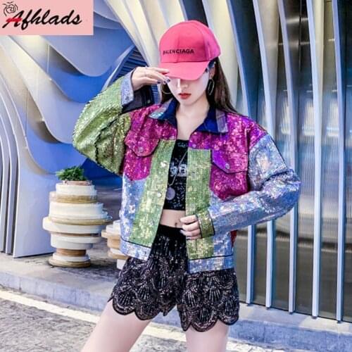 And Winter Sequins Denim Jacket 2021 Autumn Women Clothing Female Hip Hop Loose Womens Turn-Down Collar Hole Jacket Coats