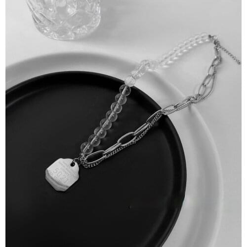 VSnow Fashion Asymmetric Transparent Beaded Irregular Geometric Metal Pendant Necklace for Women Chunky Chain Necklace Jewelry