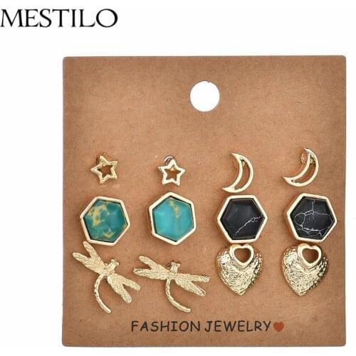 MESTILO Trendy Jewelry Dragonfly Stud Earring Set For Women Christmas Gifts Cute Star Heart Moon Earring With Natural Stones