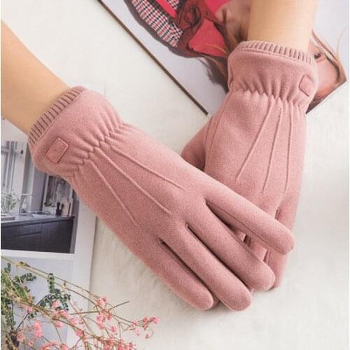 New Winter Female Lace Warm Cashmere Three Ribs Cute Bear Mittens Double thick Plush Wrist Women Touch Screen Driving Gloves