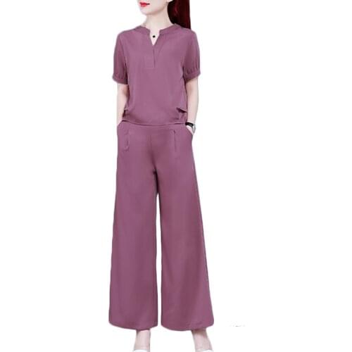 New Women Casual Suit Summer Short-sleeved shirt Wide-leg pants Two-piece Sets Womens Korean Plus size Trousers Sets 3XL F588