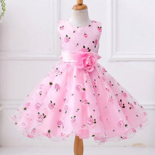 Flower Girl Dresses Sleeveless Floral Print Princess Dress Summer O-Neck Pink Dress Kids Costumes 3-12T Children Casual Dress