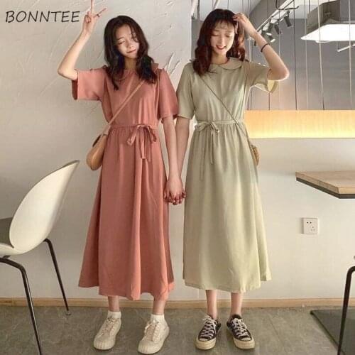 Dresses Women Friend Summer Solid Preppy Mid-calf Peter Pan Collar Sweet Leisure Ladies Draw String A-line All-match Large Size