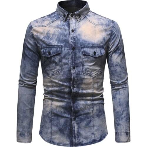 Dropshipping 2019 Autumn Winter Jeans Shirts Men Slim Fit Water Wish Long Sleeve Demin Jeans Shirt Men Streetwear