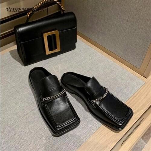 Retro flat heel Muller half slippers spring and summer leather metal chain casual comfortable slippers female trend