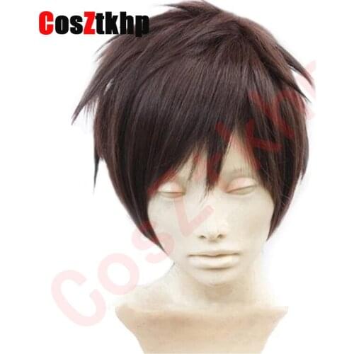 Attack On Titan Eren Jaeger Dark Brown Mens Short Layered High Temperature Fiber Synthetic Cosplay Wig +Free Wig Cap