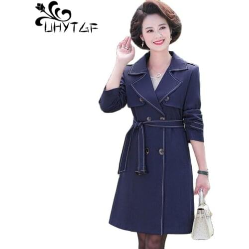 UHYTGF Mom Spring Autumn Coat Fashion Double-Breasted Casual 5XL Plus Size Windbreaker Outwear Mid-Length Women Thin Jacket 1734