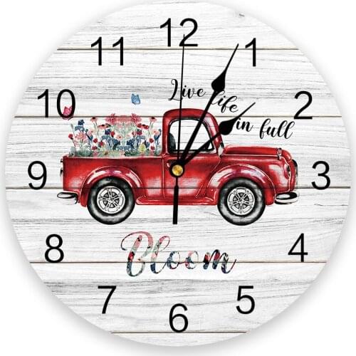 Spring Red Car Flower Wooden Texture Background Wall Clock Modern Design Hanging Watch for Home Decoration Living Room Wall Art