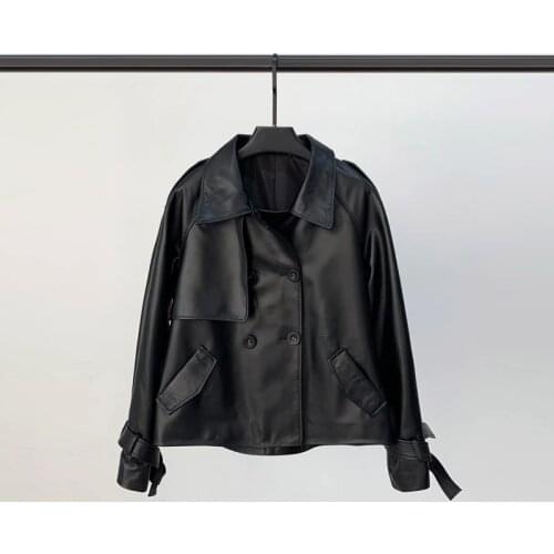 Spring 2021 New Leather Leather Jacket Womens Short Double-breasted Leather Jacket Sheep Leather Motorcycle Casual Coat Trend