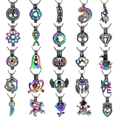 Rainbow Steel Snake Chains Necklace Love Moon Skull Flower Beads Pearl Cage Locket Pendant Necklace