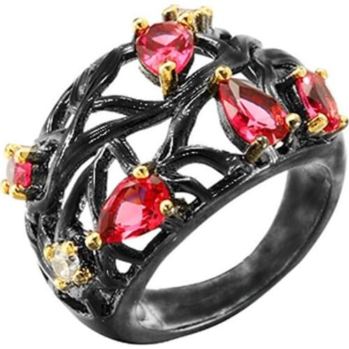 Vintage Female Red Crystal Stone Ring Classic Black Gold Hollow Engagement Rings For Women Luxury Water Drop Wedding Ring
