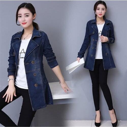 2021 Long Denim Jacket Women Double Breasted Jeans Coat Ladies Casual Slim Plus Size 3XL Windbreaker Female With Belt Outwear