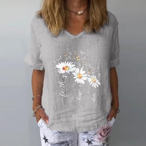2021 Women T Shirt Summer Cotton And Linen Top Simple Short Sleeve V-neck Pullover For Female Daisy Print Plus Size Tees Clothes