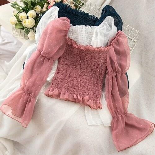 Women Off Shoulder Chiffon Blouse Top Lolita Sheer Puff Sleeve Flared Vintage