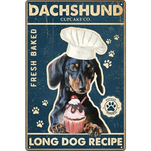 Dachshund and Cake Tin Sign Vintage Long Dog Recipe Cafe Bar Club Home Wall Decoration 12x8 Inches