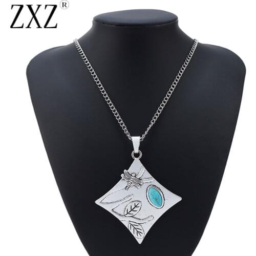 ZXZ Large Abstract Dragonfly with Faux Green Stone Long Chain Necklace Silver Color Lagenlook