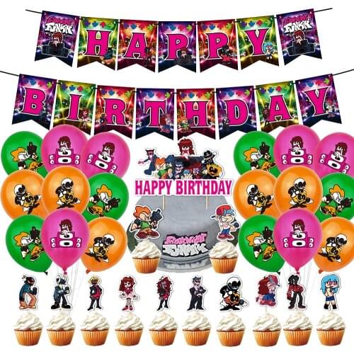 1Set New Friday Night Funkin Party Supplies Cartoon Game Banner Party Decorations Balloons Cupcake Topper Toys Kids Birthday