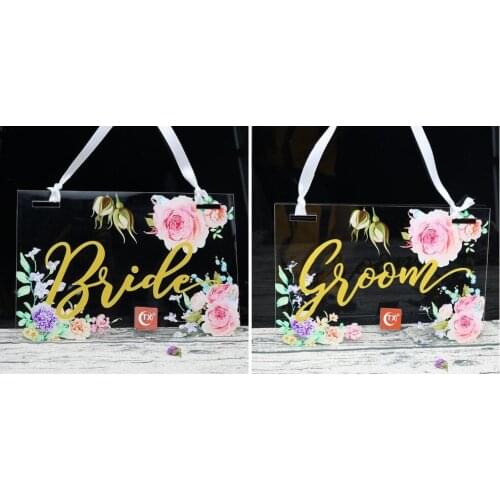 2pcs/lot Clear Acrylic Wedding Signs Decoraitons Flower Printing Photo Props Outdoor Bride & Groom Wedding Hanging Chair Sign