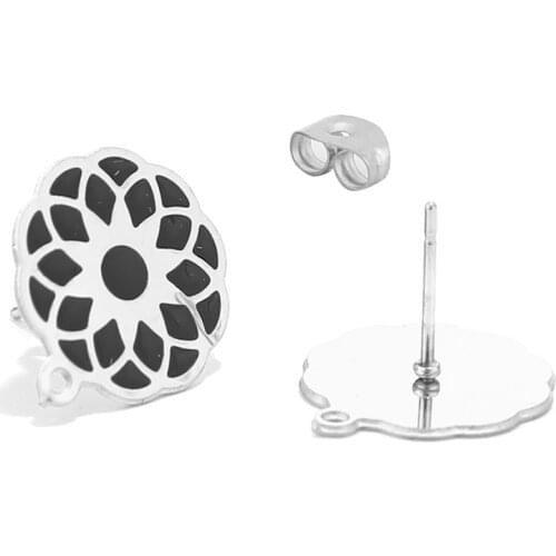 6pcs Stainless Steel Black Enamel Flower Earring Post 15mm Hypoallergenic Flat Posts Earrings Pad Stud Earrings w Loop