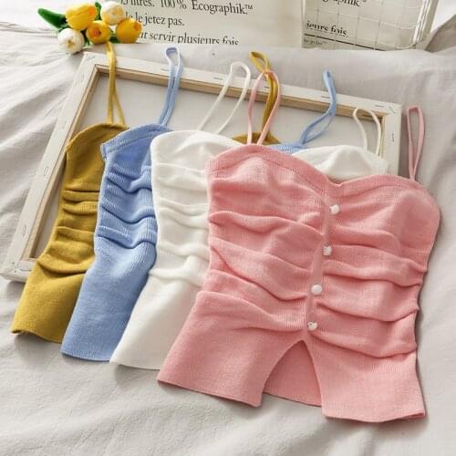 White corset Knitted Cami Crop Top Ruched Front With Buttons Spaghetti Straps Sexy Top Cut Out Front Slinky Going Out Cami Tops