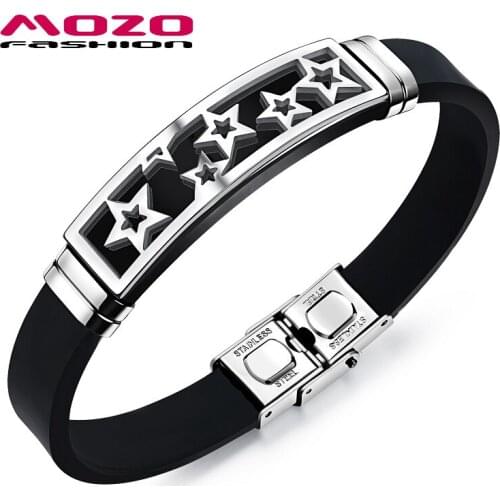 MOZO FASHION New Hot Brand Men Stainless Steel Silicone Rubber Wristband Star Bracelet Men Casual Punk Jewelry 2 Colors P1088