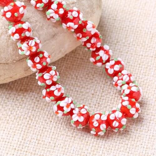 20pcs/lot 10mm Handmade Lampwork Glass Beads Flower Loose Beads Red DIY Bead for Jewelry Making Bracelet Necklace Accessories