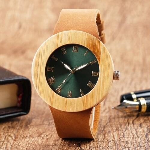 Casual Roman Number Nature Wood Bamboo Minimalist Bangle Women Handmade Genuine Leather Band Strap Green Face Wrist Watch