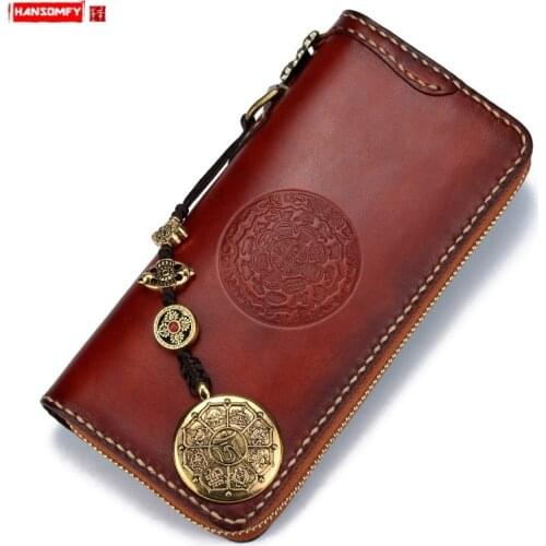 Handmade Long Wallet Card Holder Wallet Zip Phone Bag Coin Purse Clutch Bag First Layer Cowhide Vegetable Tanned Leather Zipper
