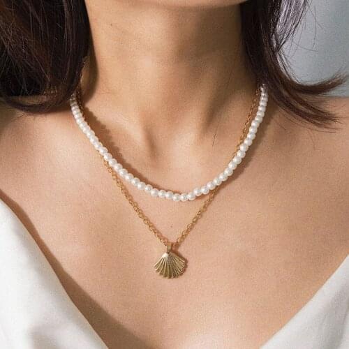 Elegant Double Layer Imitation Pearl Shell Scallop Pendant Necklace Women Vintage Geometric Clavicle Necklace Jewelry YN1482