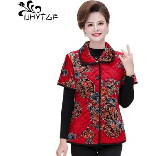 UHYTGF Elegant Mother Autumn Winter Vests For Women Fashion Print Plus Velvet Warm Cotton Waistcoat Loose Large Size Coat 1942