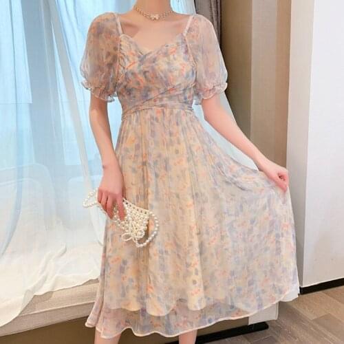French Style Vintage Floral Print Puff Sleeve Mesh Long Maxi Dress Chiffon Dress Casual Holiday Party Yellow Oil Painting Dress