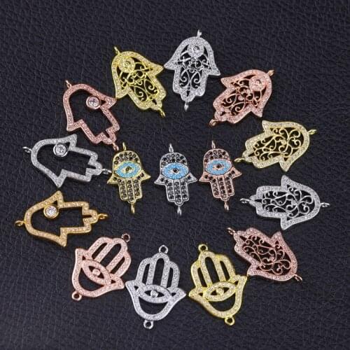 Juya DIY Bracelets Making Fittings Micro Pave Zircon Evil Eye Hamsa Fatima Connector Charms For Women Men Turkish Jewelry Making