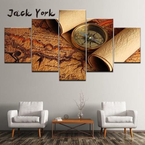 Canvas Painting Travelers map and compass 5 Pieces Wall Art Painting Modular Wallpapers Poster Print for living room Home Decor