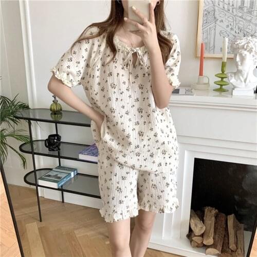 Cotton home clothes women pajama set floral print sleepwear 2 piece set lacework short sleeve top pyjama shorts pijamas Y492