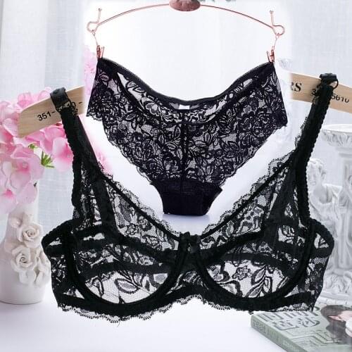 1 Set Female Intimates Ladies Sexy Lace Floral Bra Sets For Women Thin Transparent Underwear Lenceria Lingerie Set Plus Size