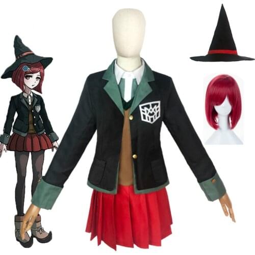 Danganronpa Magician Yumeno Himiko Cosplay Costume School Girl Uniform Halloween Party Skirt Set Suit Red Wig Magic Hat