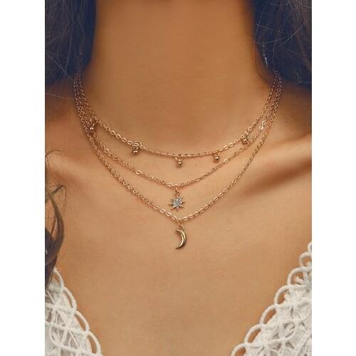 Metallic polygonal star and moon 3 layer necklace metallic geometric pendant necklace girl party wear gift jewelry