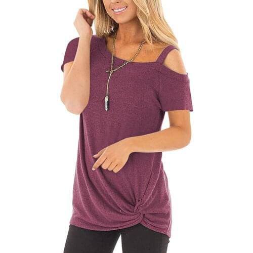Fashion Twisted T-Shirt Short Sleeve Off Shoulder Top Women T shirt Wine Red Casual Loose T-shirt Ladies Tee Shirt Femme