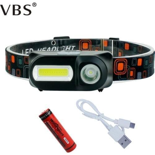 USB Rechargeable Headlight 6 Modes Mini XPE+COB Headlamp 18650 Battery Flashlight Forehead for Camping Hunting Headlights