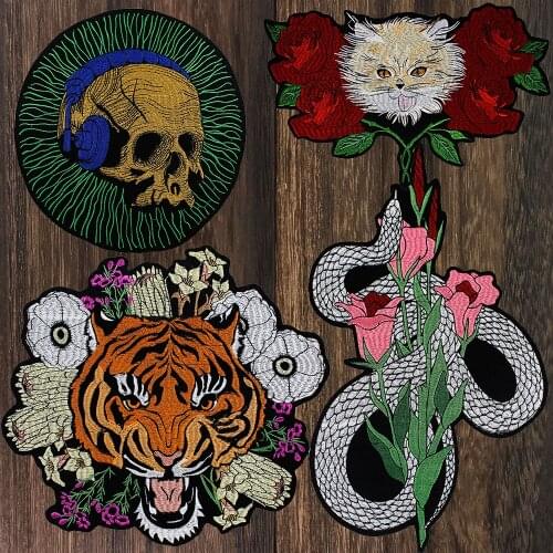 Skull Music Patch Cat Rose Flower Tiger Snake DIY Cloth Badges Patch Jeans Jackets Bag Clothes Apparel Iron on Applique P92