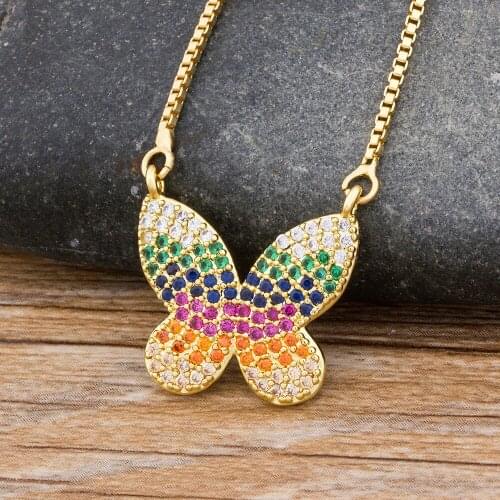 New Fashion Dainty Rainbow Butterfly CZ Stone Necklace Gold Color Chain Charm Choker Necklace For Women Pendant Jewelry Gift