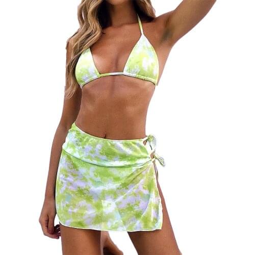 New Tie dye bikini Skirted swimsuit women High cut 3 piece suit halter swimwear female Triangle bathing suit Backless KS-14