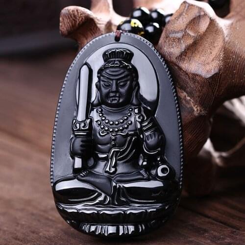 Acalanatha Bodhisattva Pendant Necklace Black Obsidian Carved Buddha Lucky Amulet Pendant Necklace Jewelry For Women Men