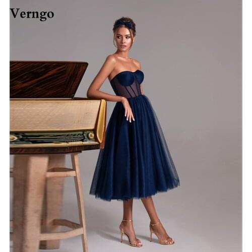 Verngo Simple Navy Blue Tulle A Line Short Prom Dresses Sweetheart Boning Tea Length Evening Party Gowns Plus Size Custom 2021