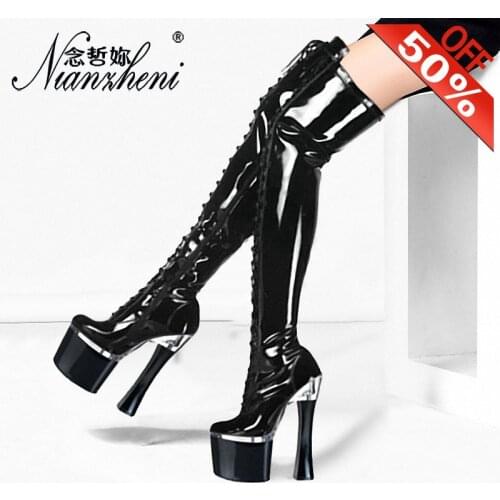 18CM Coarse heel Knee high boots stripper heels Lace Up Pole dance shoes Sexy Show Models Party High heels Platform boots New
