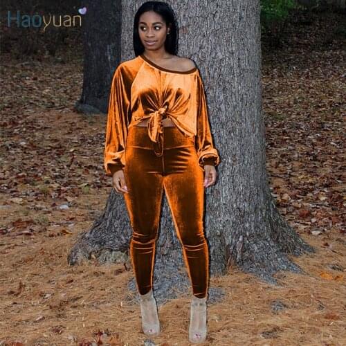 HAOYUAN Sexy Two Piece Set Velvet Tracksuit Long Sleeve Tops Fitness Pants Fall Clothes for Women Wholesale Items Matching Sets