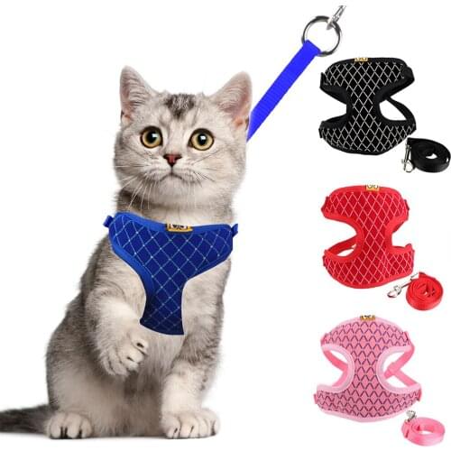 Pet Products Rhinestone Mesh Cat Harness Leash Set Cat Vest Collars Leads Cat Supplies For Small Dog Cat Adjustable