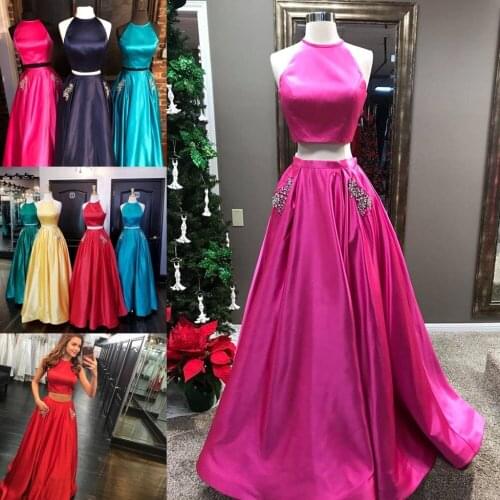 Crop Top Prom Dresses 2019 2 Pieces Halter Neck A Line Famous Designer Long vestidos de festa Custom Made with Beading Pockets